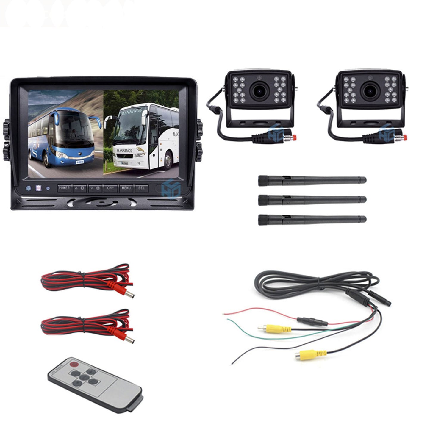 2 x wireless rear view cameras + radio split monitor reversing system, wireless HD 1080P 7 inch for trucks, cars and motorhomes 12V-24V