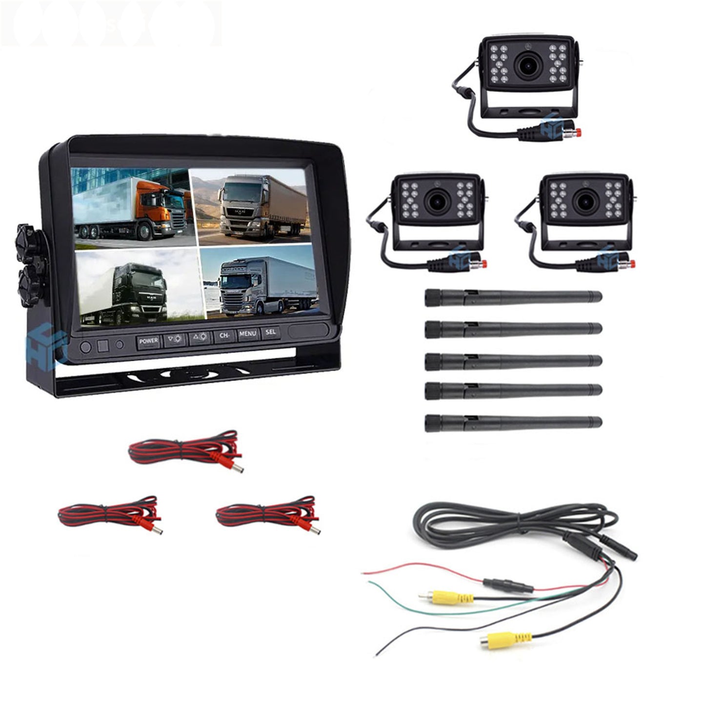 3 x wireless rear view cameras + radio split monitor reversing system, wireless HD 1080P 7 inch for trucks, cars and motorhomes 12V-24V