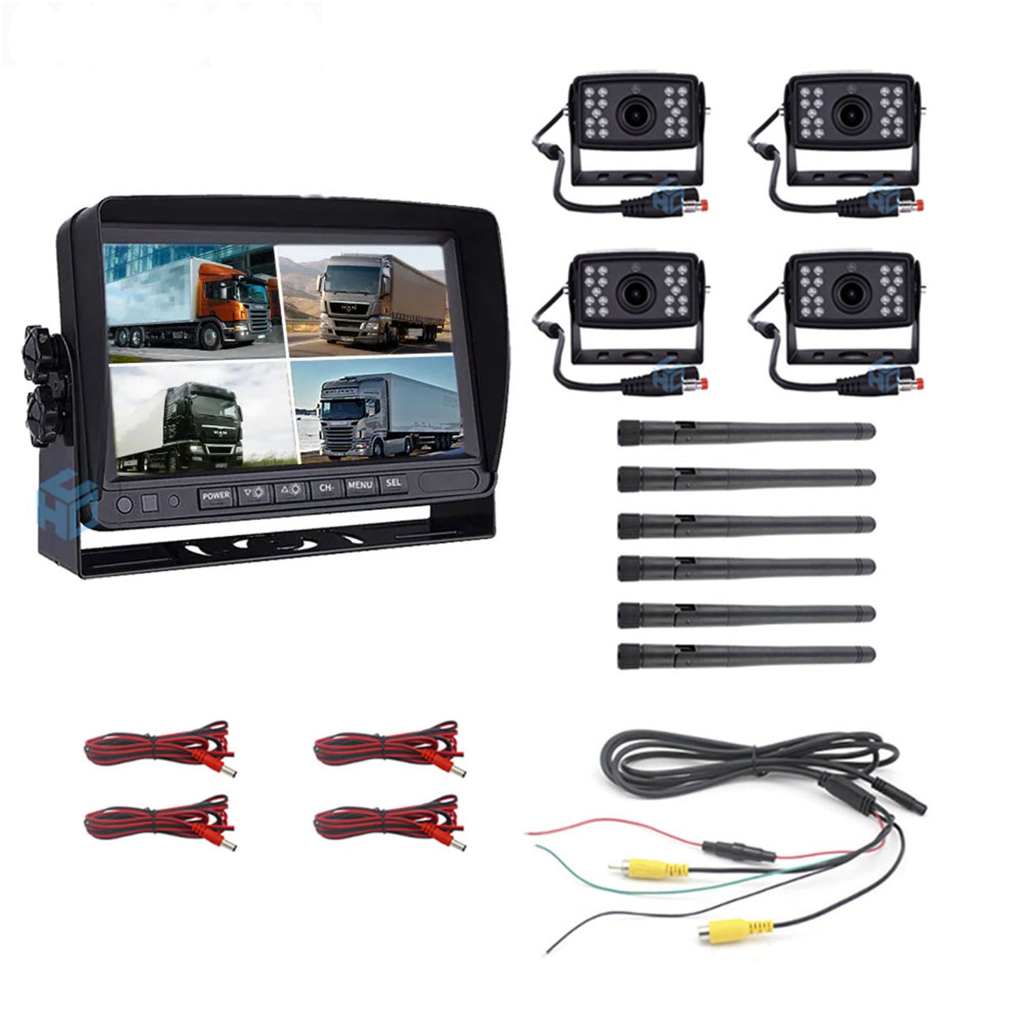 4 x wireless rear view cameras + radio split monitor reversing system, wireless HD 1080P 7 inch for trucks, cars and motorhomes 12V-24V