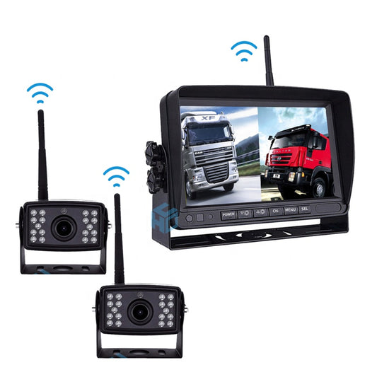 2 x wireless rear view cameras + radio split monitor reversing system, wireless HD 1080P 7 inch for trucks, cars and motorhomes 12V-24V