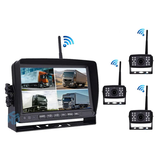 3 x wireless rear view cameras + radio split monitor reversing system, wireless HD 1080P 7 inch for trucks, cars and motorhomes 12V-24V