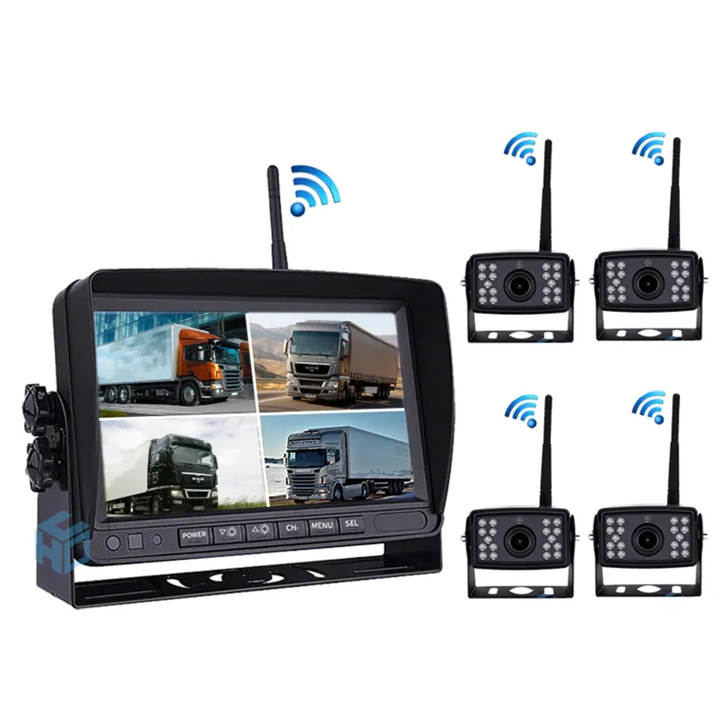 4 x wireless rear view cameras + radio split monitor reversing system, wireless HD 1080P 7 inch for trucks, cars and motorhomes 12V-24V