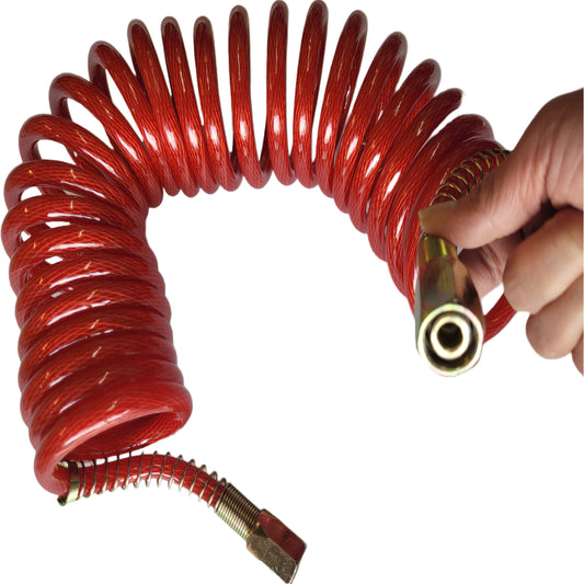 Spiral compressed air hose, 6 meters, with threaded connection, red